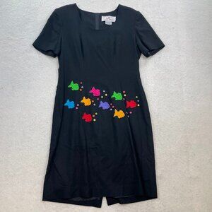 DL DEBORAH LAWS Black Linen Sheath Dress Fish 80s Vintage Size 12